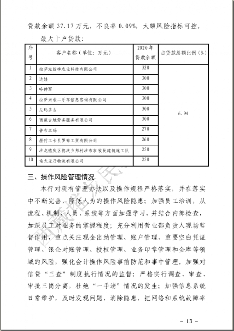西藏堆龙民泰村镇银行2020年度信息披露报告